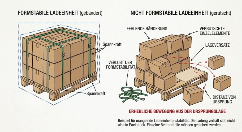 Eine illustrative Vergleichsgrafik zur Ladeeinheitenstabilität nach DIN 55415. Links wird eine formstabile Ladeeinheit auf einer Euro-Palette gezeigt, die durch Bänder zusammengefasst worden ist. Rechts wird eine nicht formstabile Ladeeinheit dargestellt, bei der die nicht ausreichend fest gebänderten Kartons durch Beschleunigungskräfte (0.8g) verrutscht sind, was zu Lagenversatz, Teillagenversatz und Überstand über die Palettenkante führt. Die Grafik verdeutlicht, dass eine instabile Ladeeinheit nicht als ein Packstück gilt und Einzelteile gesichert werden müssen. Lexikon - KLSK e.V.